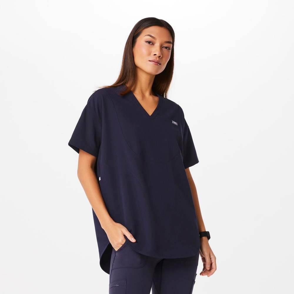 NEW FIGS Halle V-Neck Tunic Scrub Top Navy Blue Oversized Medical Uniform Large